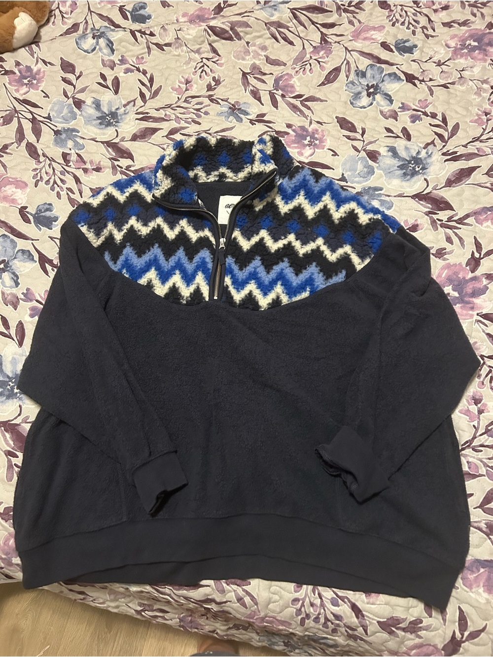Women’s Navy Zip-Up Fleece Sweater with Blue Chevron Yoke